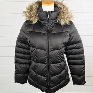 Calvin Klein Down Filled Quilted Puffer Jacket Hood Faux Fur Trim Brown PM